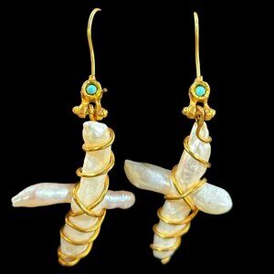 Mother of Pearl Cross and Turquoise Dangle Earrings Handwired New